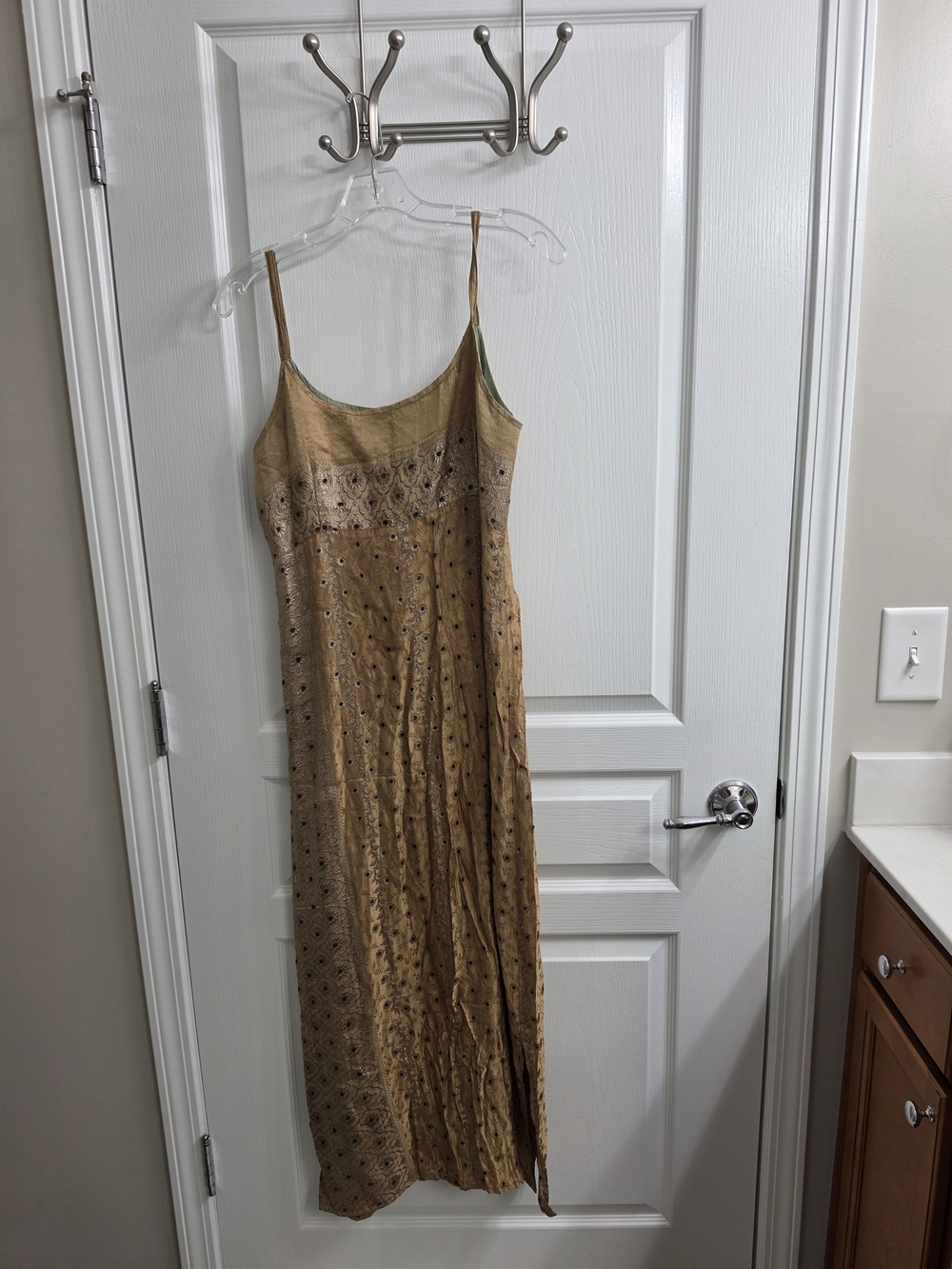 100% Silk Light Green & Tan Spaghetti Strap Midi Dress